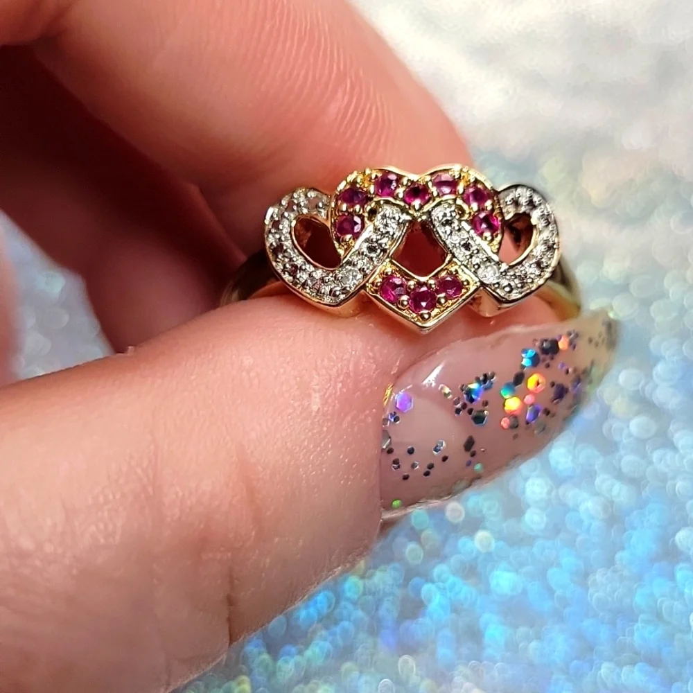 Vintage Gold Plated Sterling Silver 925 Ruby & Diamond 3 Heart Intertwined SZ:12